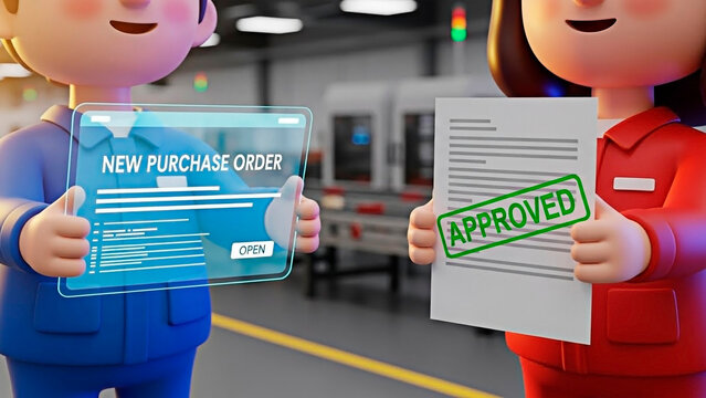 Purchase order approved digitally on a futuristic tablet for the concept of digital workflow and business efficiency.
