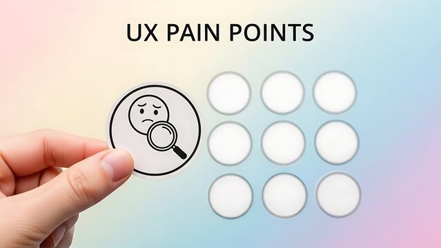 UX pain point concept with a frustrated face icon and a magnifying glass, showing customer dissatisfaction and user experience problems.