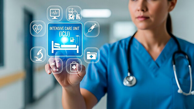 A nurse touches a holographic interface showing the Intensive Care Unit (ICU) for the concept of modern healthcare technology.
