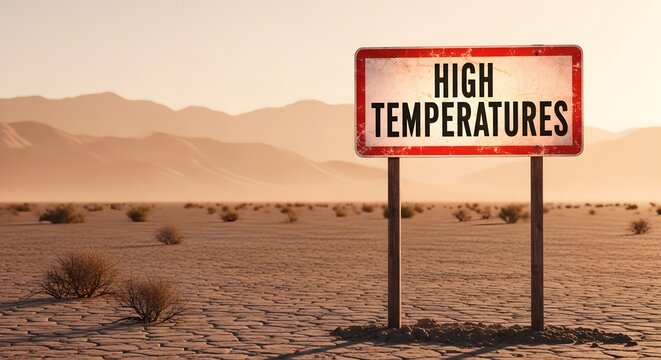 A desert road sign indicating high temperatures, signifying a harsh climate and environmental warning.