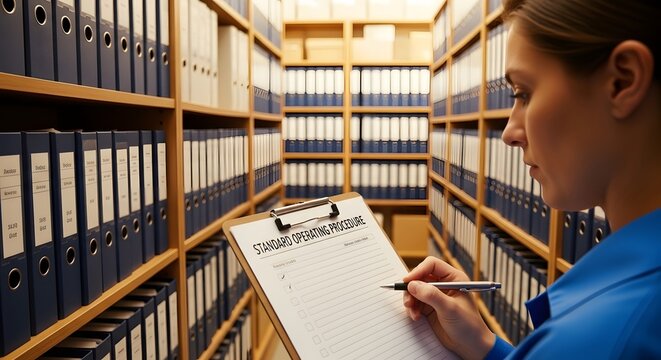 A woman checking a document in a library with shelves full of binders for the concept of archiving and administration.