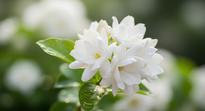 Blooming white jasmine flowers with water droplets on leaves