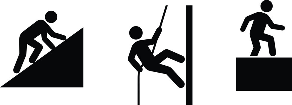 Climbing stick figures, mountain hill climber, rappelling rope person, parkour running man, obstacle course challenge silhouettes, design icons