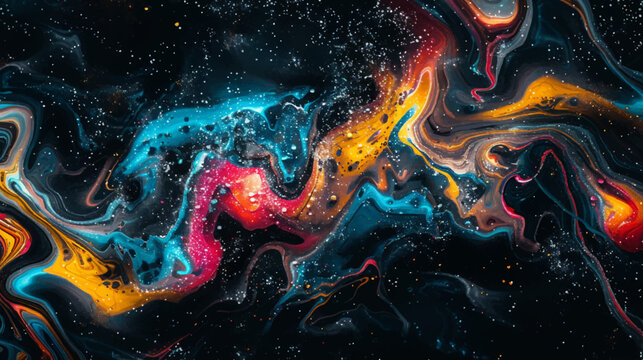 黒いマーブル模様にカラフルな光が流れる抽象背景、幻想的で高級感のある流体アート素材