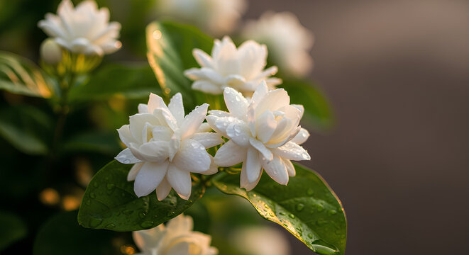 White jasmine blossoms with dew drops in warm golden sunlight