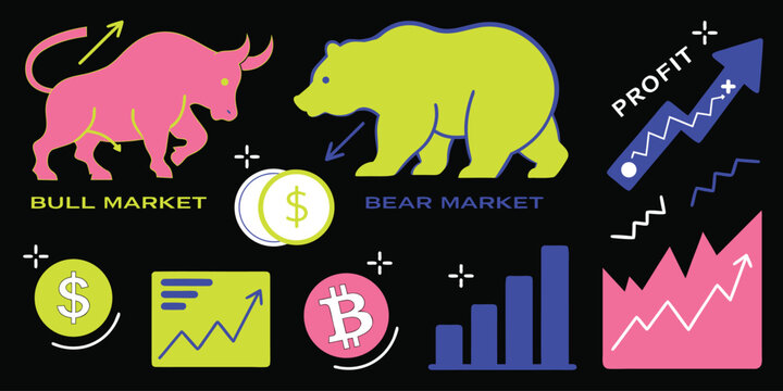 Set of flat financial trading stickers featuring bull and bear market elements with growth charts and crypto symbols.