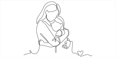 Fototapeta premium Mother and child hug continuous line art vector illustration minimalist love and family bond concept