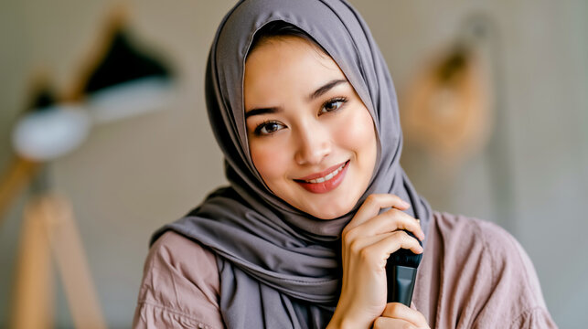A smiling woman wearing a hijab and holding a smartphone