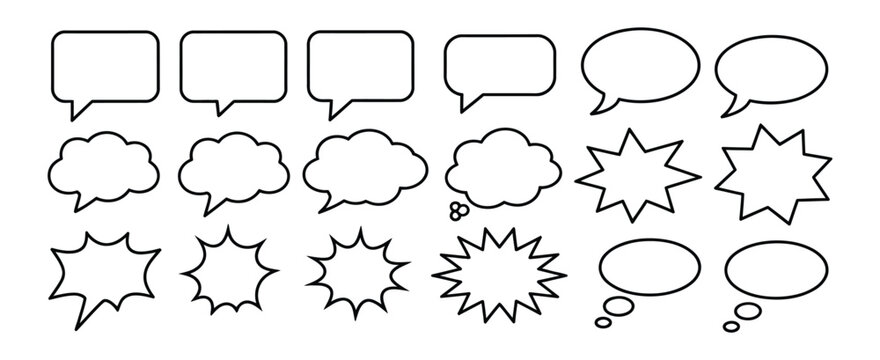Speech Bubble Icon Vector minimal hand drawn comic style dialogue bubbles and thought clouds with irregular outline forms on transparent for illustration design