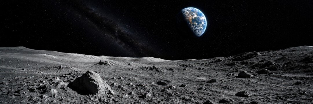 Desolate lunar terrain with Earth visible in the distance representing planetary science and human exploration of space.
