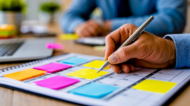 A person's hand is writing on a calendar with colored sticky notes