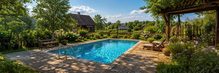 Obraz premium Elegant backyard pool surrounded by greenery and countryside homes creating a serene summer lifestyle atmosphere.