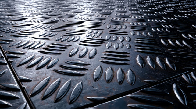 A close-up of a patterned metal surface with a series of leaf-like shapes
