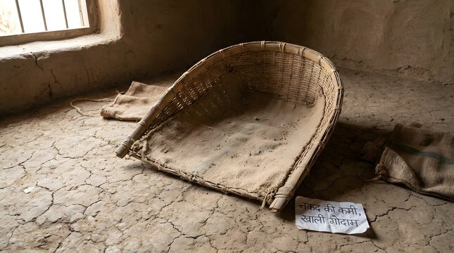 Woven bamboo winnowing basket on cracked earth floor next to hindi sign about cash shortage and empty warehouse illustrating economic crisis in rural village storage room with burlap grain sacks.
