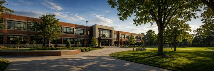 Fototapeta premium Wide panoramic view of a modern school campus with landscaped grounds, contemporary architecture and welcoming educational facilities.
