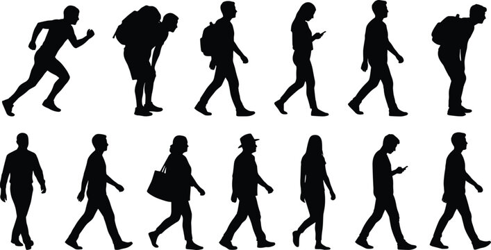 People silhouettes collection featuring men and women walking running commuting carrying backpacks and using smartphones isolated on white background