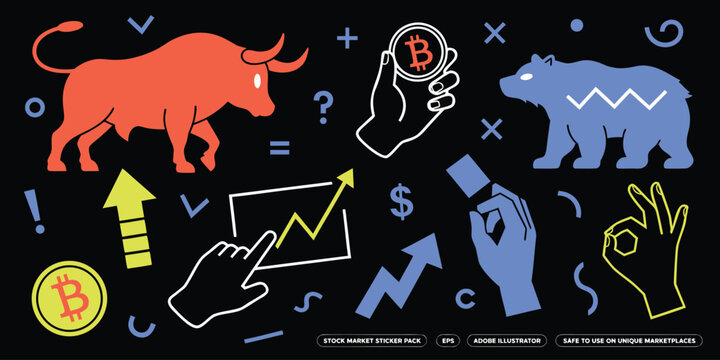 Digital asset trading stickers showing bull bear and cryptocurrency icons for investment and financial analysis.