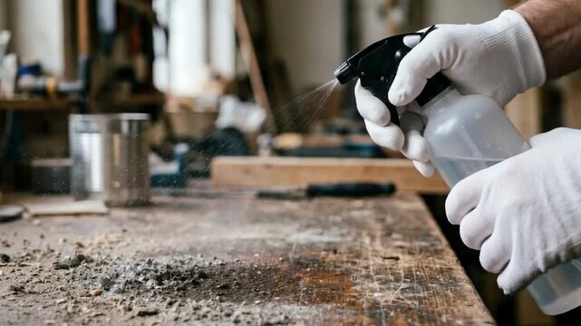Person wearing white gloves sprays liquid from a bottle onto a dusty wooden workbench