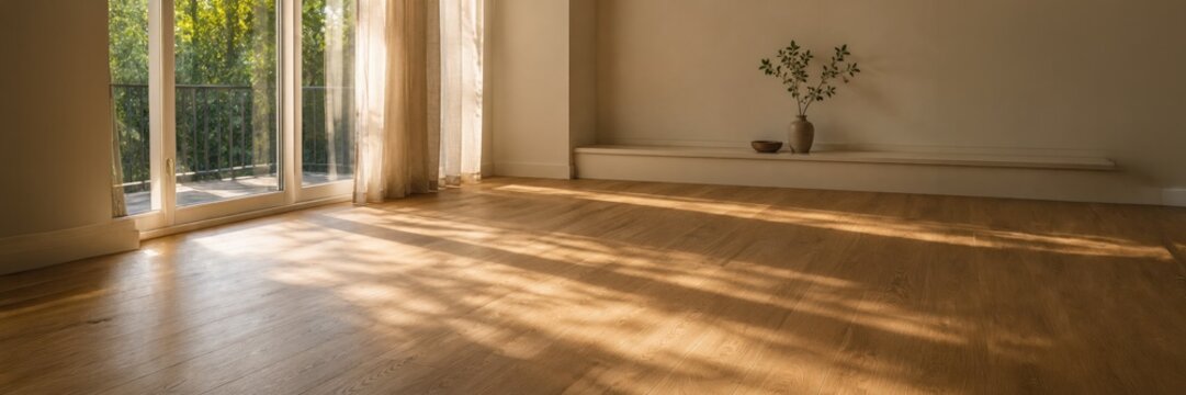 Panoramic minimalist living space with warm sunlight, long natural shadows and wooden flooring creating an elegant and inviting residential interior.