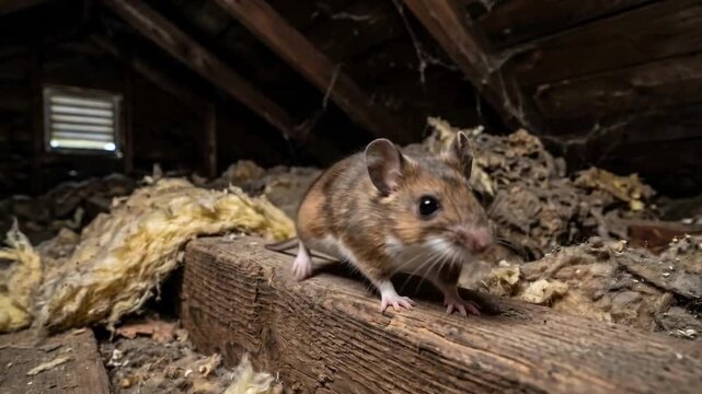 Small mouse perched on a wooden beam in a dusty attic with insulation