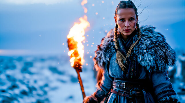 A woman in a fur coat and braided hair holds a torch in a snowy landscape