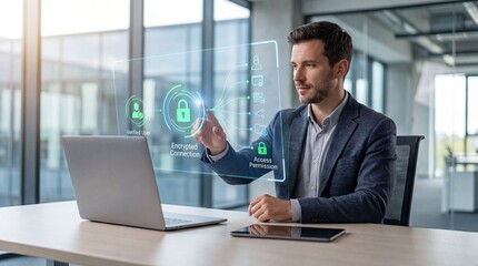 Naklejka premium Businessman interacting with futuristic holographic interface displaying encrypted connection verified user and access permission symbolizing digital security and data protection in modern office