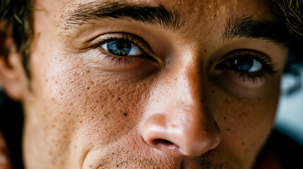 Naklejka premium Close-up of a man's face with blue eyes and freckles