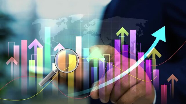 Hologram earth map business graph showing growth on the screen, Businessman hand touching business growing arrow graph on the virtual screen