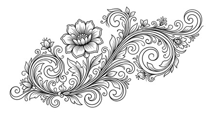 Abstract floral vector ornament design with leaves and swirls in vintage decorative black silhouette pattern frame wallpaper © Malkis