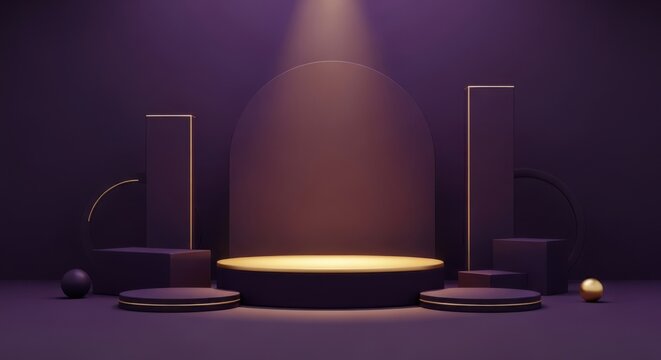 Minimalist geometric stage with purple lighting and golden platform