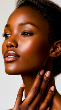 A close-up portrait of a woman with dark skin looking up and to the left with her hand gently touching her chin