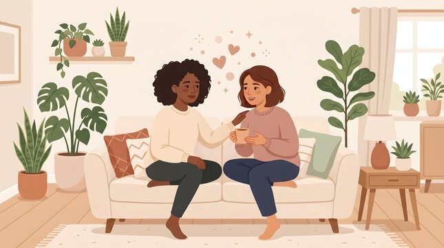 Two Diverse Women Friends Having Heartfelt Conversation on Cozy Sofa Surrounded by Indoor Plants, Multicultural Female Friendship Bonding and Emotional Support Flat Vector Illustration