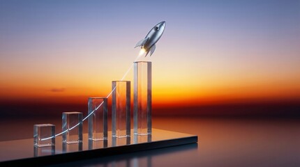 Fototapeta premium Glass bar chart with rising rocket for business growth, growth analytics, startup finance