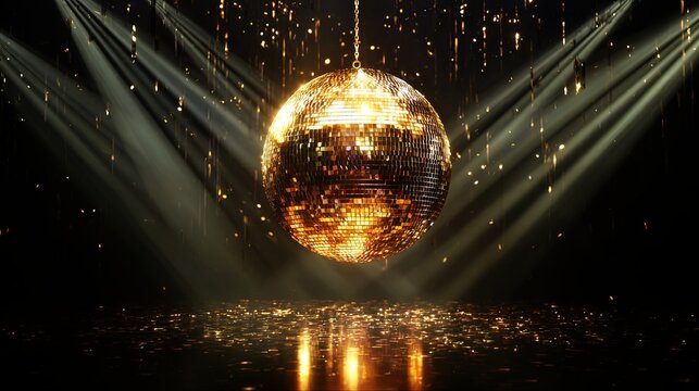 A glowing golden disco ball hangs in a dark room illuminated by bright white spotlights creating a festive party atmosphere