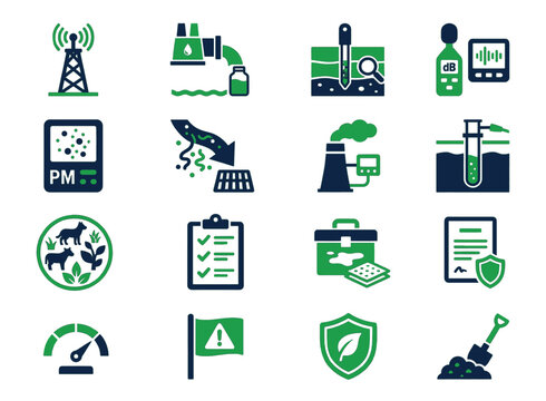 Environmental health monitoring and industrial emissions compliance symbols in dual-tone style for environmental management apps, EHS platforms, industrial compliance dashboards, and environmental eng