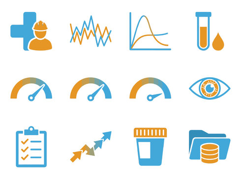Occupational health surveillance and worker wellness monitoring symbols in dual-tone style for OH apps, health surveillance platforms, employee wellness dashboards, and occupational medicine UI design