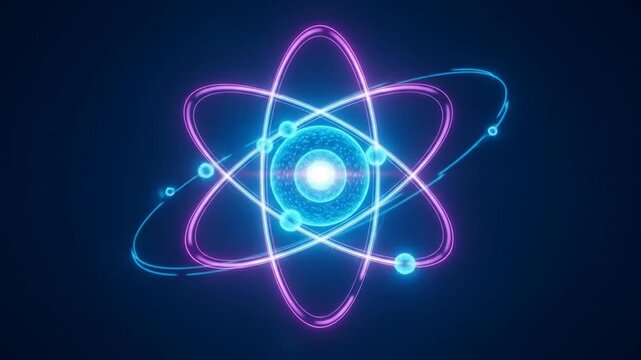 Dynamic Neon Atom Model Glowing Blue Purple Orbits Science with Tech, and Energy.