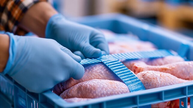 Closeup of gloved hands fastening a tamperevident strap tightly around a frozen poultry crate emphasizing secure packaging with blurred background details.