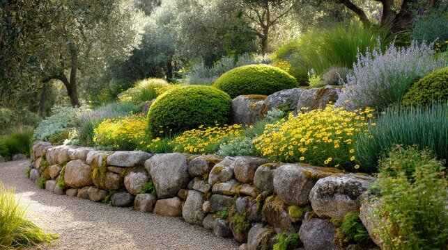 Lush Mediterranean garden landscape with stone retaining wall, topiary bushes, and yellow flowers