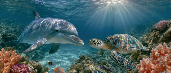 Obraz premium A dolphin swimming to looking to a turtle under the ocean , beautiful coral around.