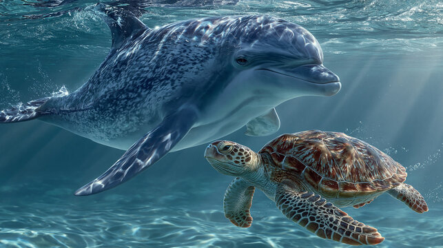 A turtle swimming down of a cute dolphin under the sea , clear water.