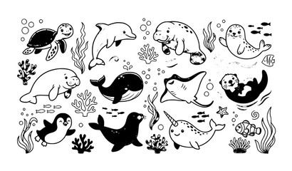 Fototapeta premium Peaceful Marine Animal Vector Collection with Ocean Wildlife and Bubble Elements