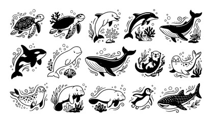 Obraz premium Adorable Ocean Animal Illustration Set with Bubbles and Aquatic Wildlife Designs