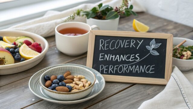 Healthy Snack Setup for Recovery and Performance with Nuts, Berries, Fresh Fruits, Herbal Tea, and Motivational Quote Board