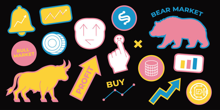 Dynamic bull and bear market sticker set with profit arrows and crypto symbols.