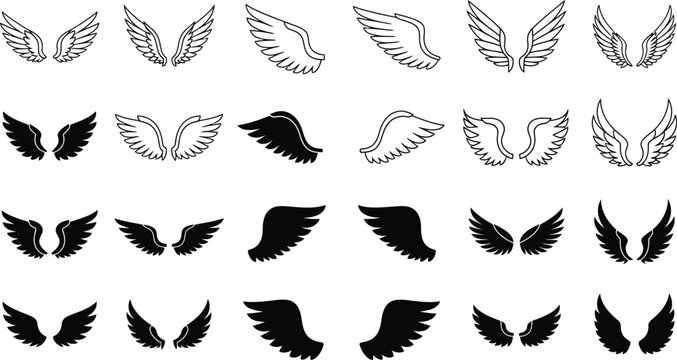 Black and white angel wings icon set