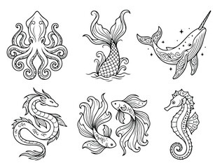 Mystical sea creatures line art collection, set of 6 nautical mythology icons, black and white marine animal illustrations for coloring or tattoos © Sidra