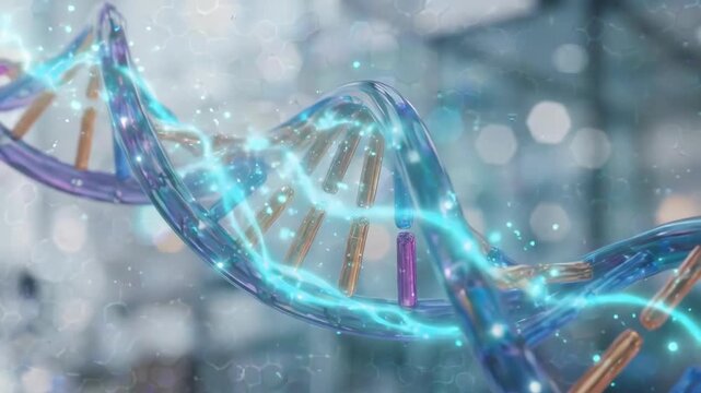 Colorful DNA double helix molecule glowing in laboratory. Genetic research and biotechnology visualization. Molecular biology and science concept for medical innovation
