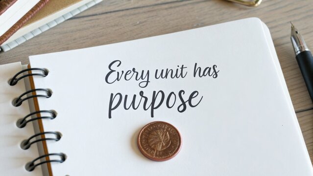 Inspirational quote on notebook with coin, urging purpose and motivation for personal growth and productivity in a workspace setting