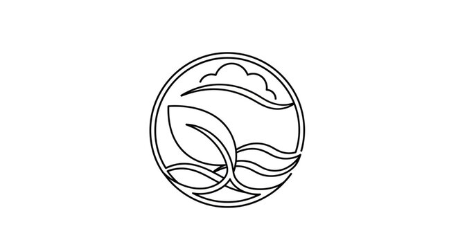 Minimalist circular line art logo with leaf waves and cloud